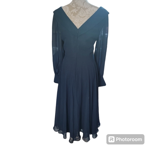 NWT JJ's house navy sheer long sleeve appliqué vneck and back formal dress - Picture 3 of 6